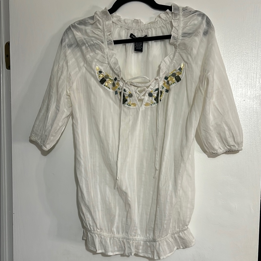 Antilia Femme White Flutter Sleeve Blouse with Ruffled Embellishments